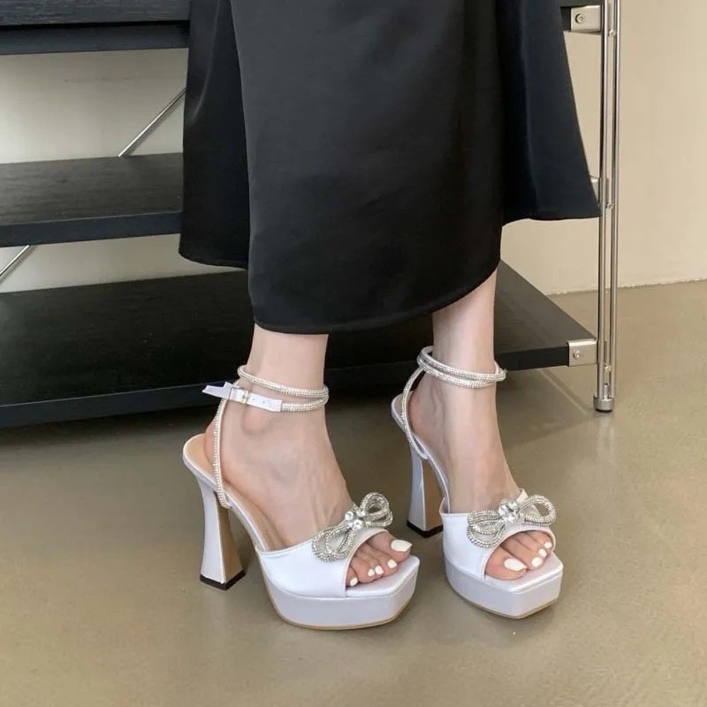 Mach & Mach Wedding Platform Double Bow 140 Silk Ankle-Strap Sandals EU 39 US 9